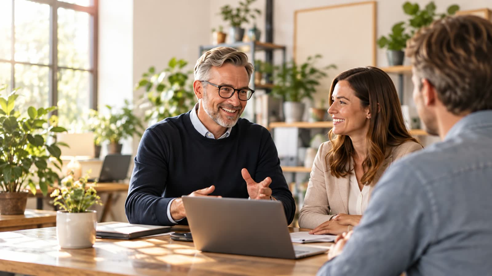 Ein Steuerberater im entspannten Gespräch mit einer Unternehmerin und ihrem Partner — helles, warmes Büro, Beratung auf Augenhöhe