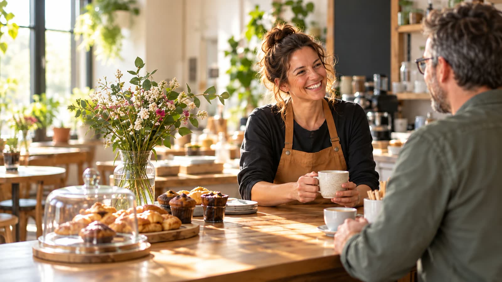 Eine Café-Inhaberin hinter dem Tresen im Gespräch mit ihrem Kunden — warmes Tageslicht, echte Aufmerksamkeit